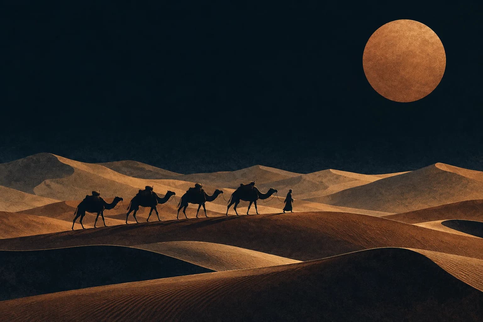 A travelling caravan crosses copper dunes beneath a midnight sky.